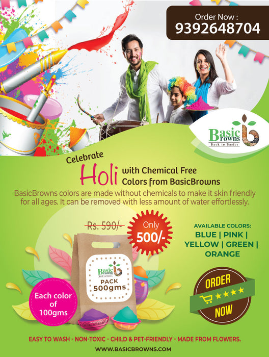 Chemical Free Colors For Holi 500g ( Each 100g of Blue, Green, Yellow, Orange and Pink)